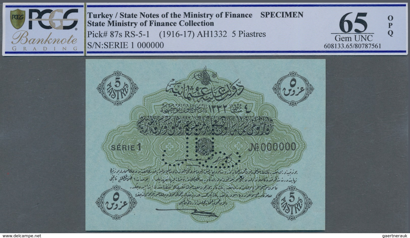 Turkey / Türkei: 5 Piastres ND(1916-17) Specimen P. 87s With Zero Serial Numbers And Specimen Perfor - Türkei