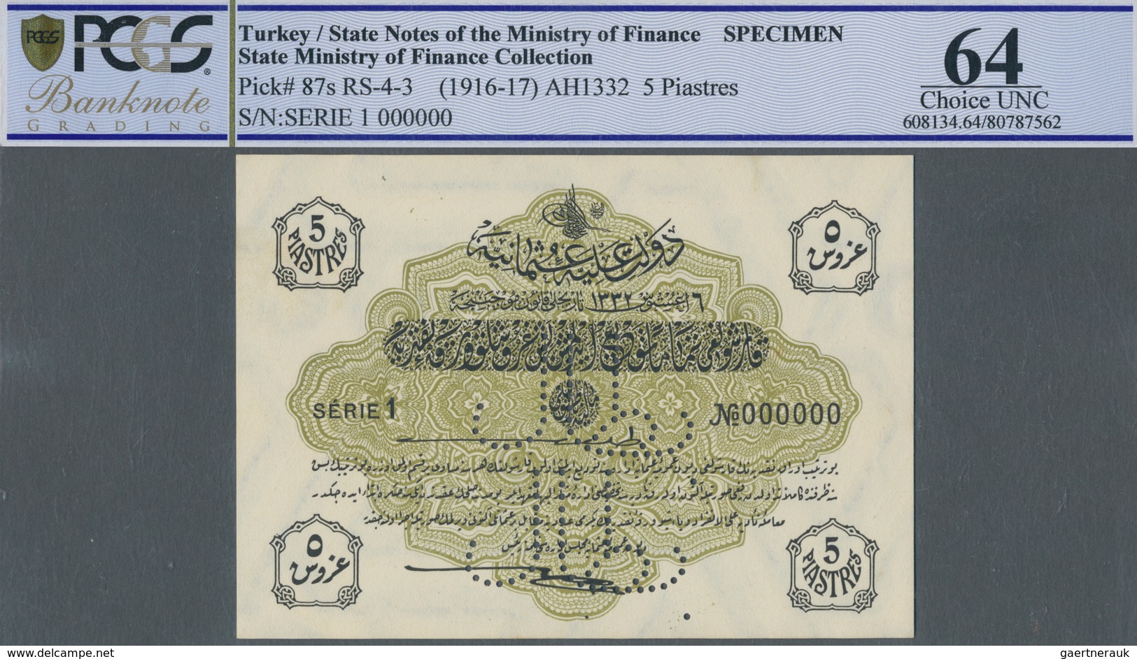 Turkey / Türkei: 5 Piastres ND(1916-17) Specimen P. 87s In Condition: PCGS Graded 64 Choice UNC. - Turkije