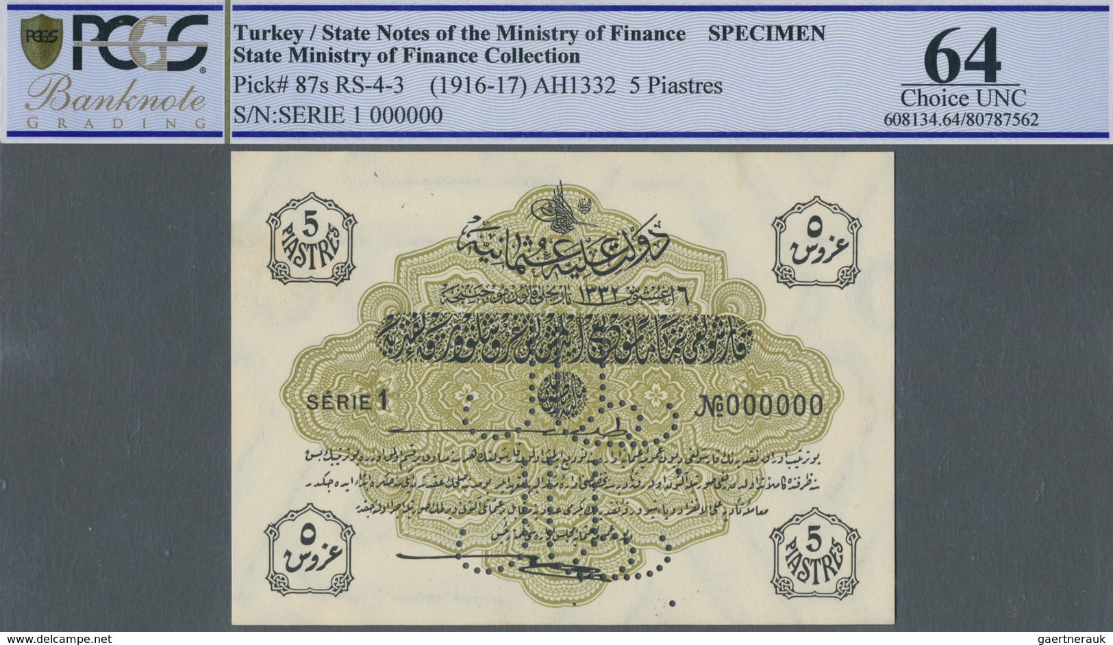 Turkey / Türkei: 5 Piastres ND(1916-17) Specimen P. 87s In Condition: PCGS Graded 64 Choice UNC. - Türkei