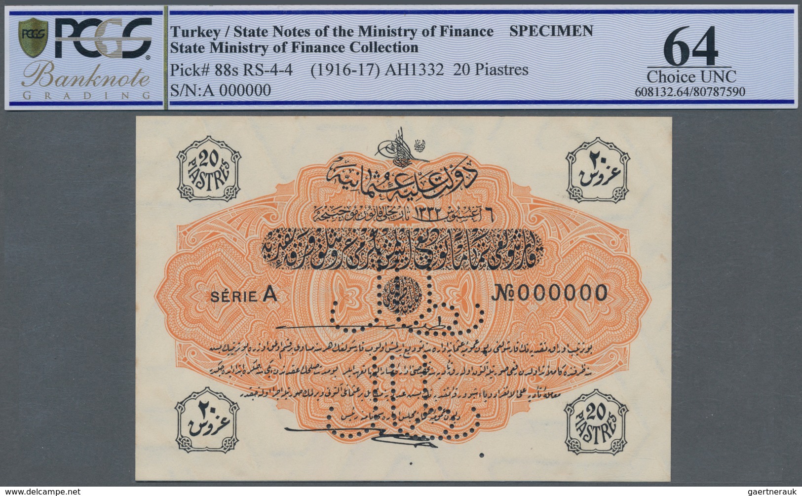 Turkey / Türkei: 20 Piastres ND(1916-17) Specimen P. 88s RS-4-4, With Zero Serial Numbers And Specim - Turquie