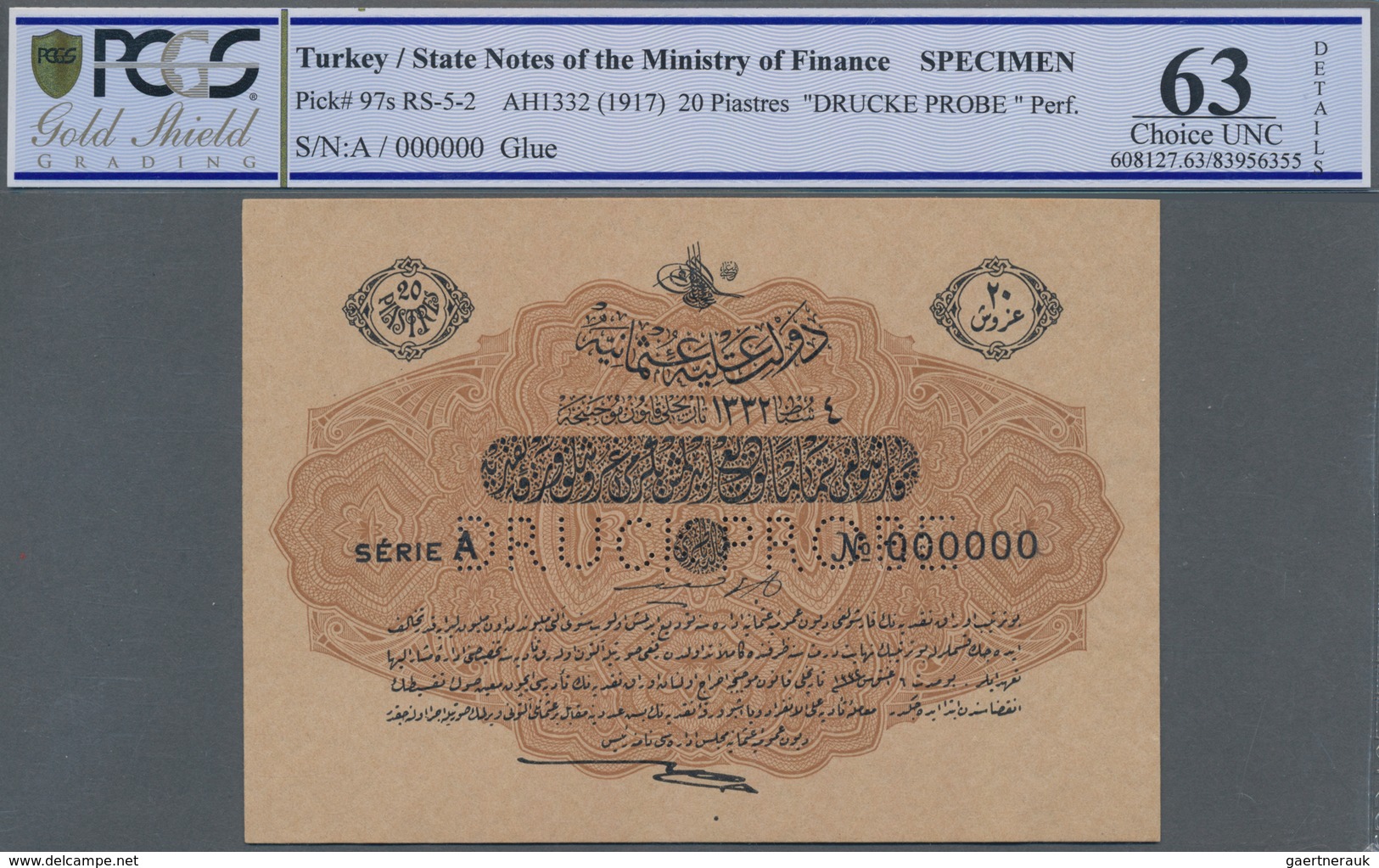 Turkey / Türkei: 20 Piastres ND(1916) Specimen Druckprobe P. 88s, With Zero Serial Numbers And Speci - Turkey