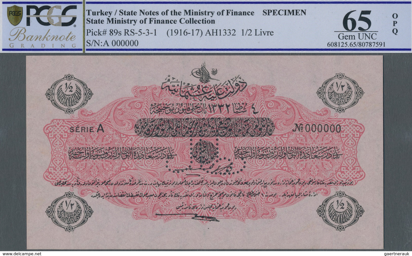 Turkey / Türkei: 1/2 Livre ND(1916-17) Specimen P. 89s With Zero Serial Numbers And Speicmen Perfora - Türkei