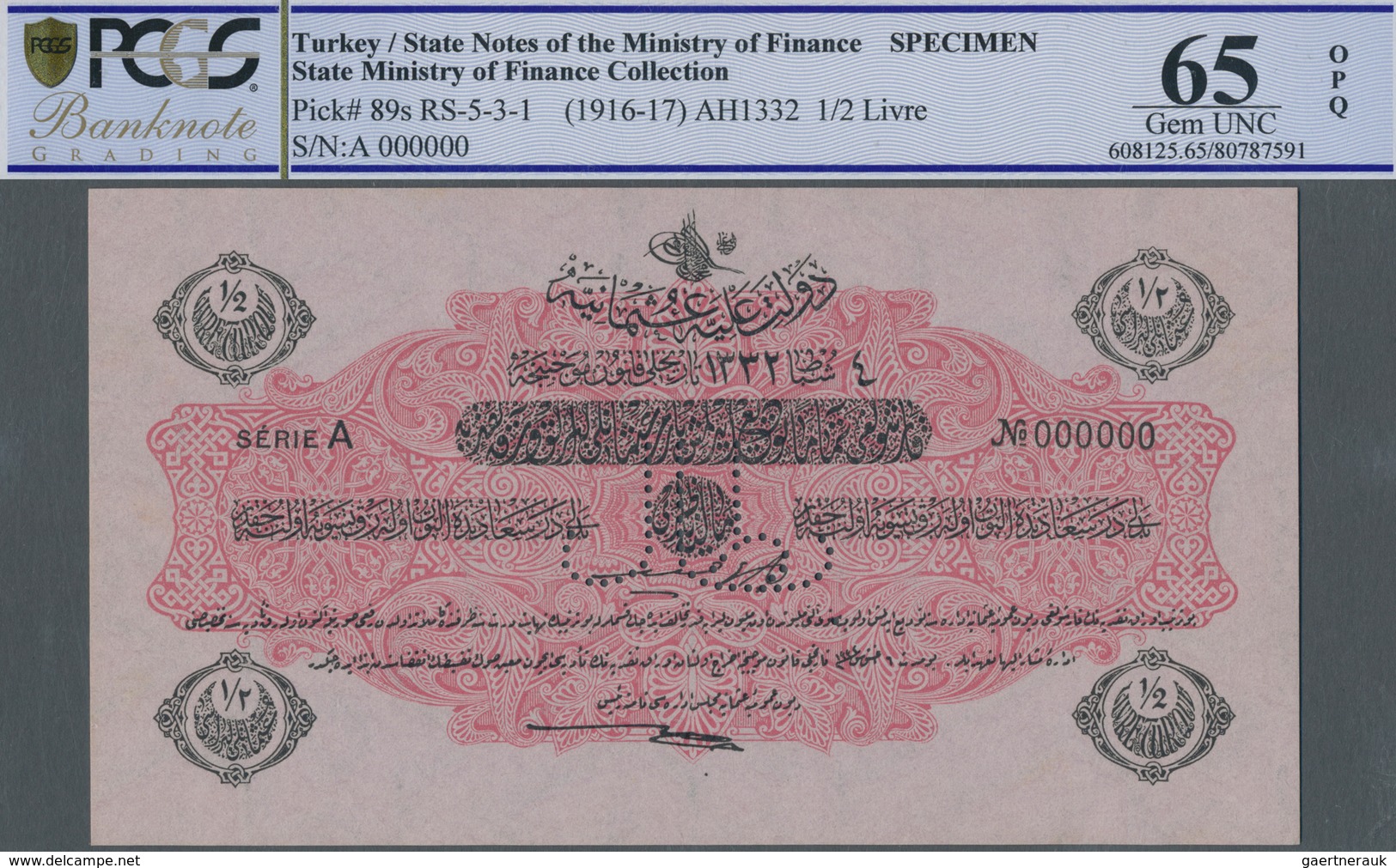 Turkey / Türkei: 1/2 Livre ND(1916-17) Specimen P. 89s With Zero Serial Numbers And Speicmen Perfora - Turquie