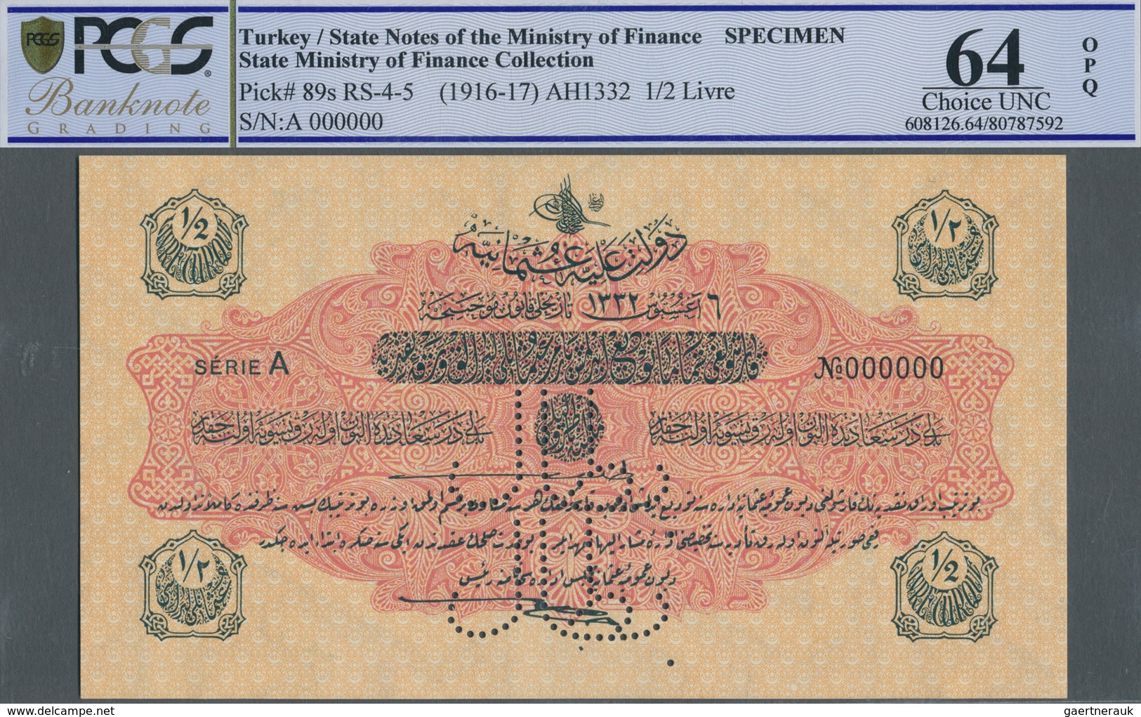 Turkey / Türkei: 1/2 Livre ND(1916-17) Specimen P. 89s With Zero Serial Numbers And Specimen Perfora - Türkei