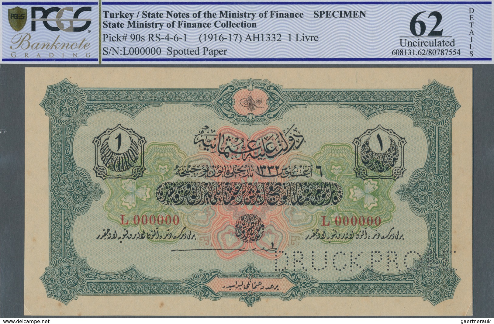 Turkey / Türkei: 1 Livre ND(1916-17) Specimen P. 90s, Rare Note In Condition: PCGS Graded 62 UNC. - Türkei