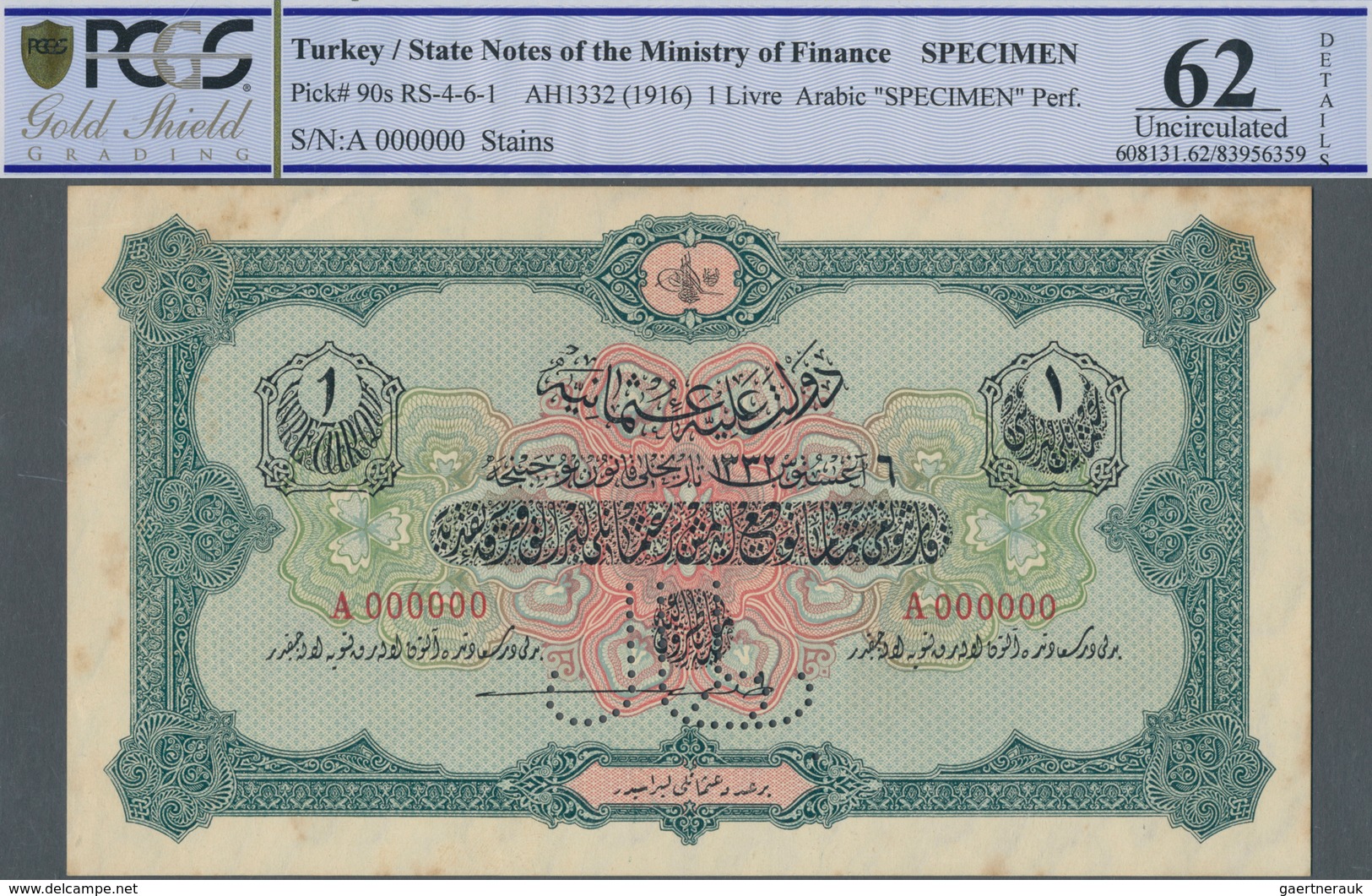 Turkey / Türkei: 1 Livre ND(1916) Specimen P. 90s With Zero Serial Numbers And Specimen Perforation - Turkije