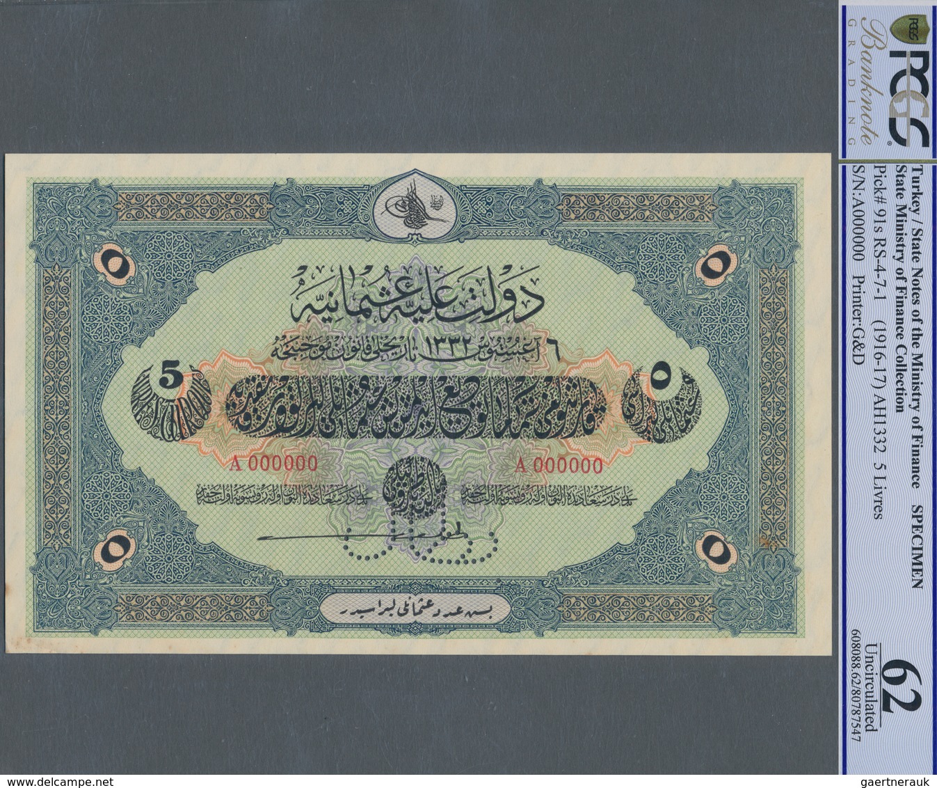 Turkey / Türkei: Rare Specimen Banknote Of 5 Livres ND(1916-17) AH1332, RS-4-7-1, With Arablic Speci - Turquia