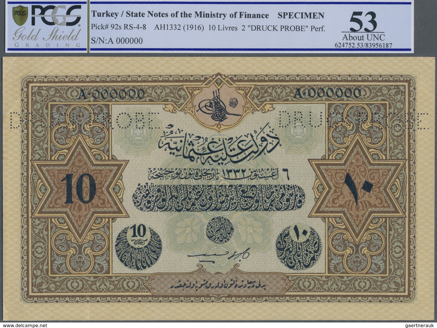 Turkey / Türkei: Rare Specimen Banknote Of 10 Livres ND(1916) AH1332, RS-4-8, With German Specimen P - Turquia