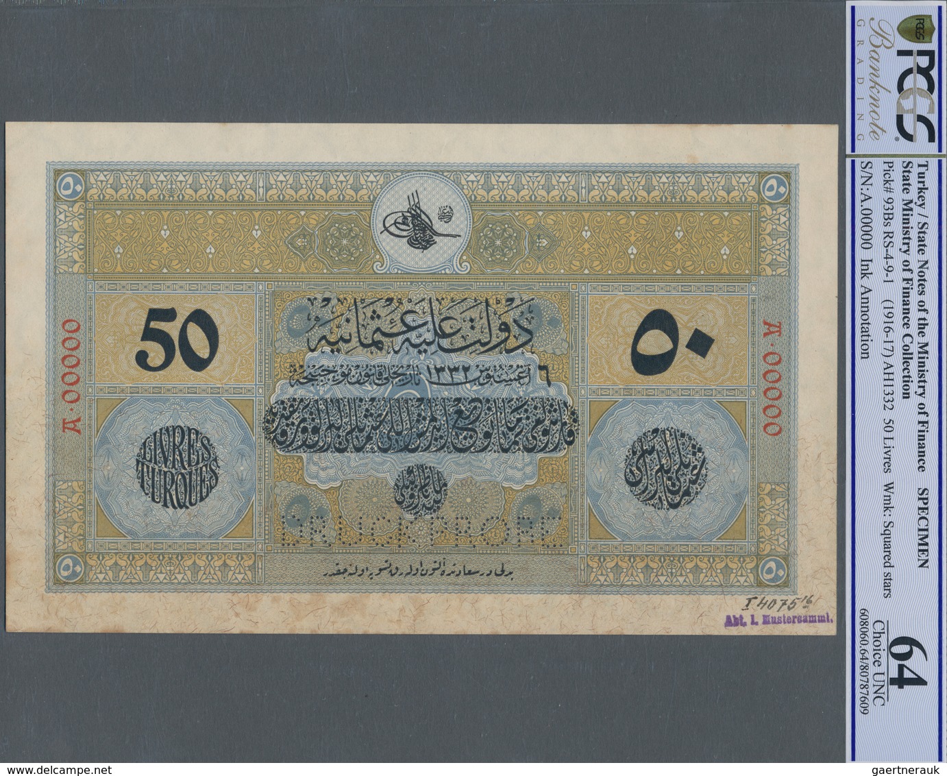 Turkey / Türkei: Rare Specimen Banknote Of 50 Livres ND(1916-17) AH1332, RS-4-9-1, With German Speci - Turquia