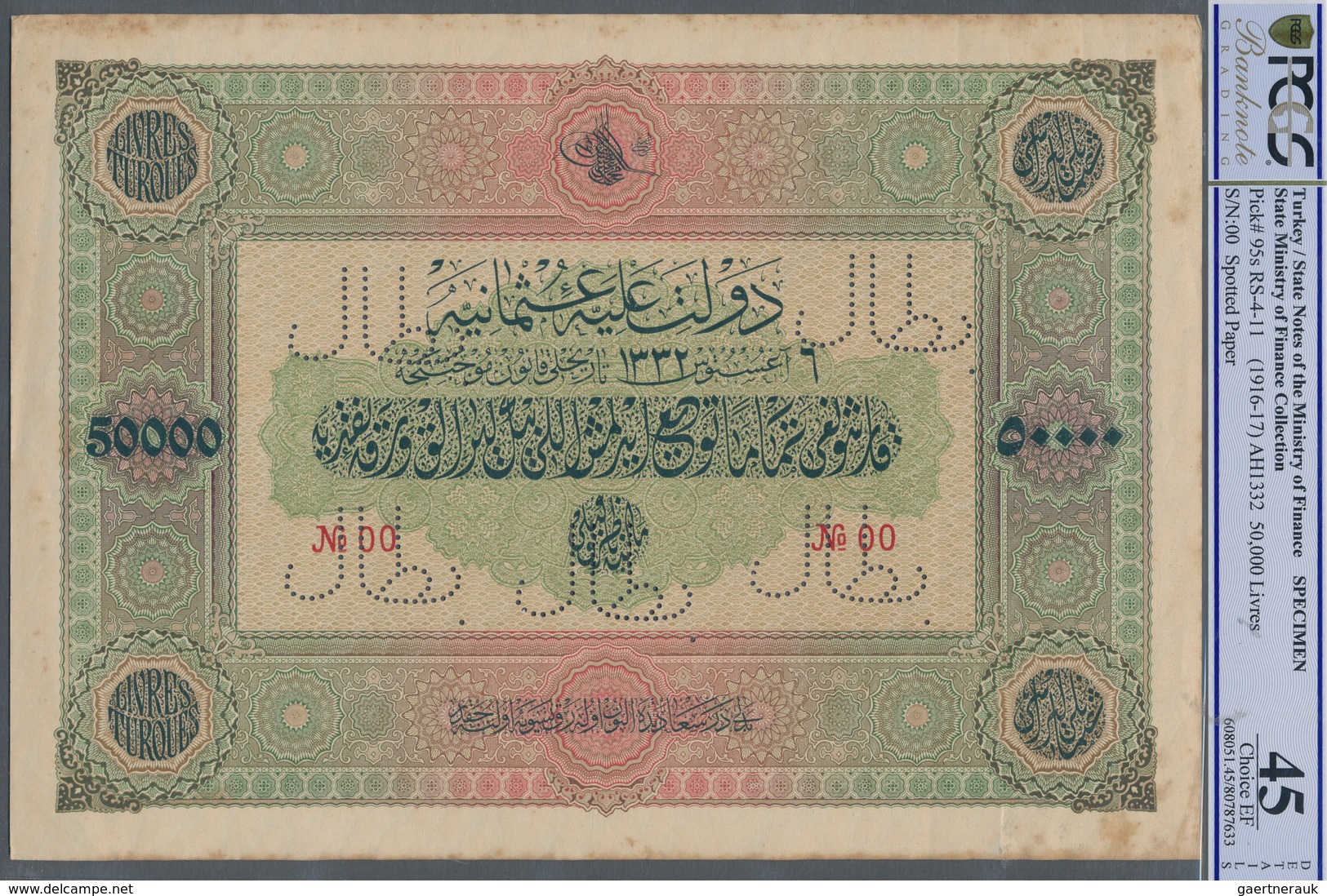 Turkey / Türkei: Highly Rare Specimen Banknote Of 50.000 Livres ND(1916-17) AH1332, RS-4-11, With Ar - Turkey