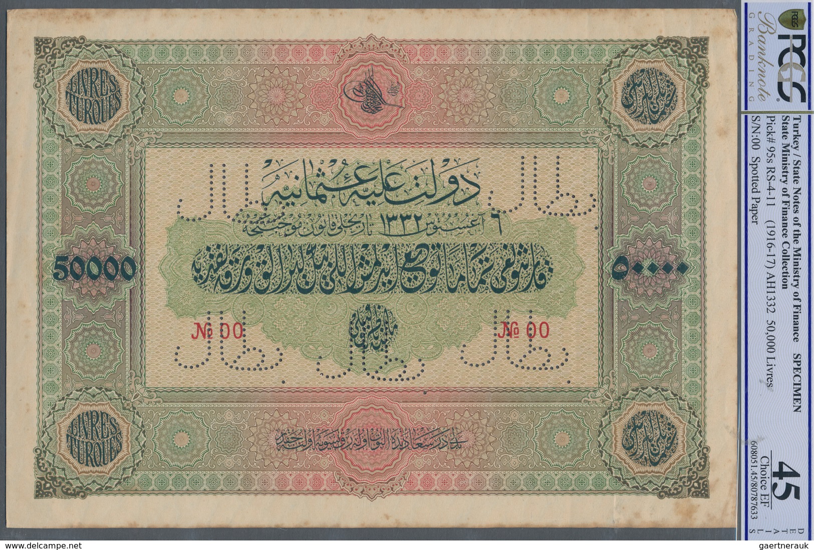 Turkey / Türkei: Highly Rare Specimen Banknote Of 50.000 Livres ND(1916-17) AH1332, RS-4-11, With Ar - Turquie