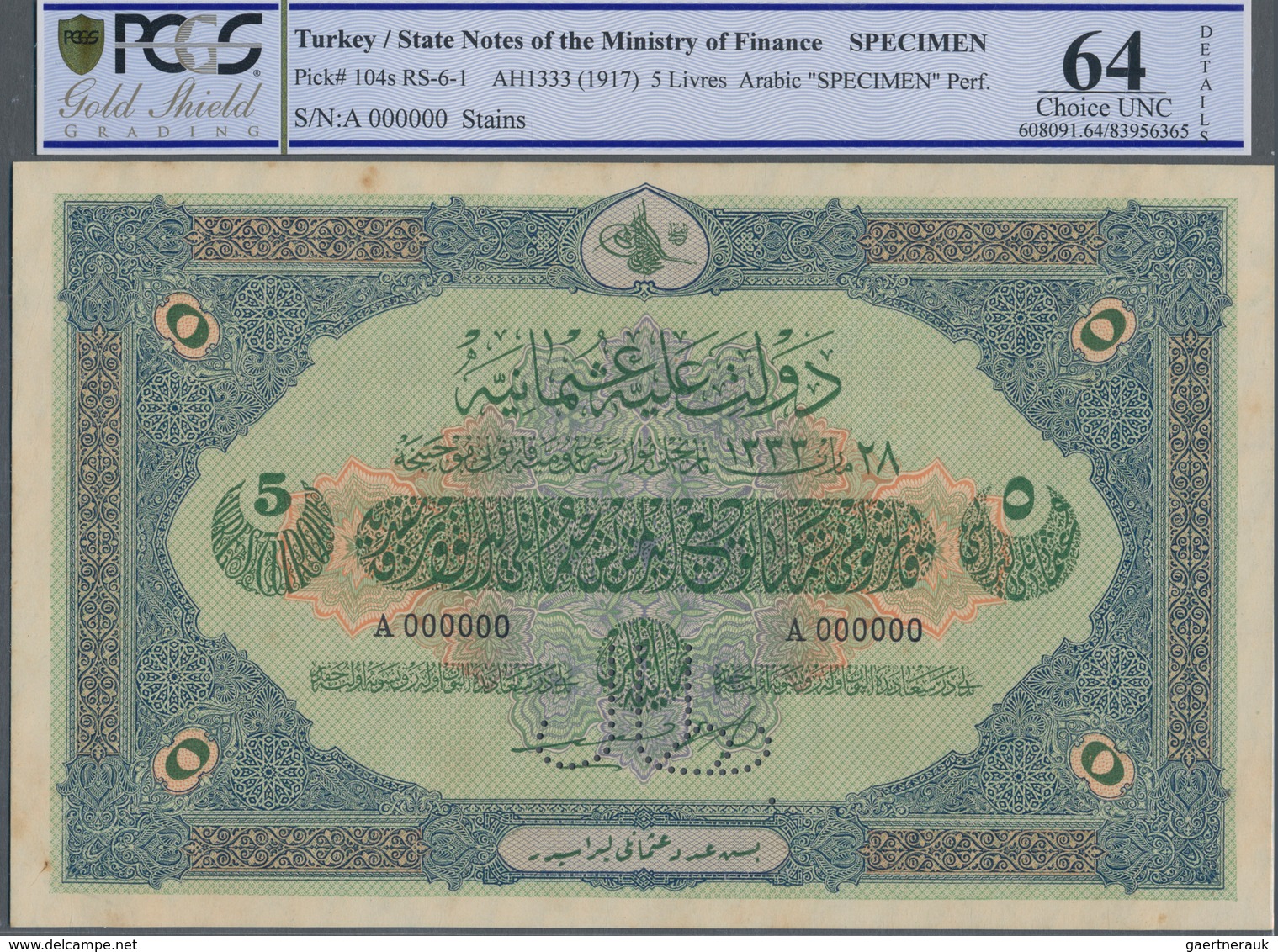 Turkey / Türkei: 5 Livres ND(1917) Specimen P. 104s With Zero Serial Numbers And Specimen Perforatio - Turquie