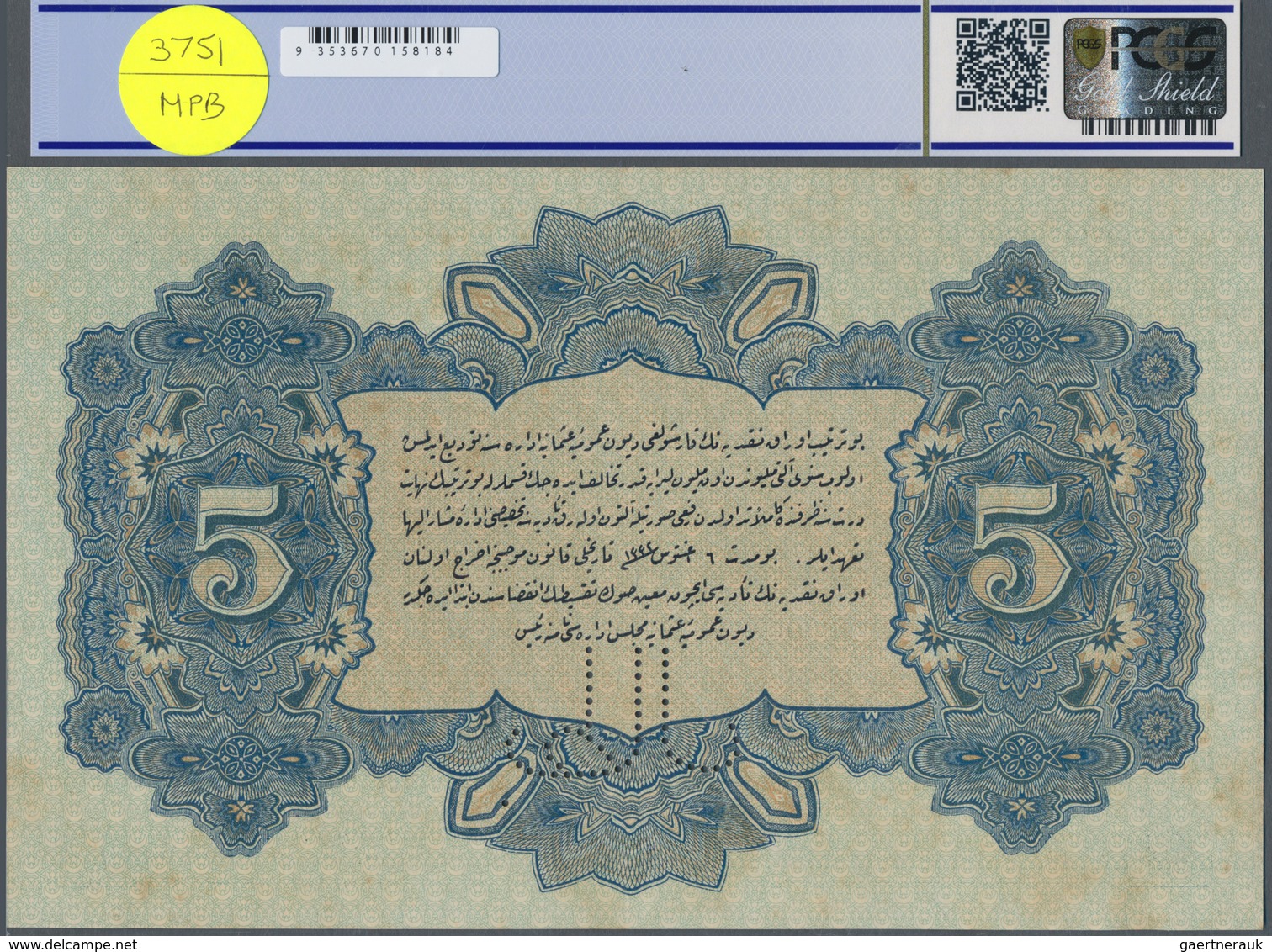 Turkey / Türkei: 5 Livres ND(1917) Specimen P. 104s With Zero Serial Numbers And Specimen Perforatio - Turquia