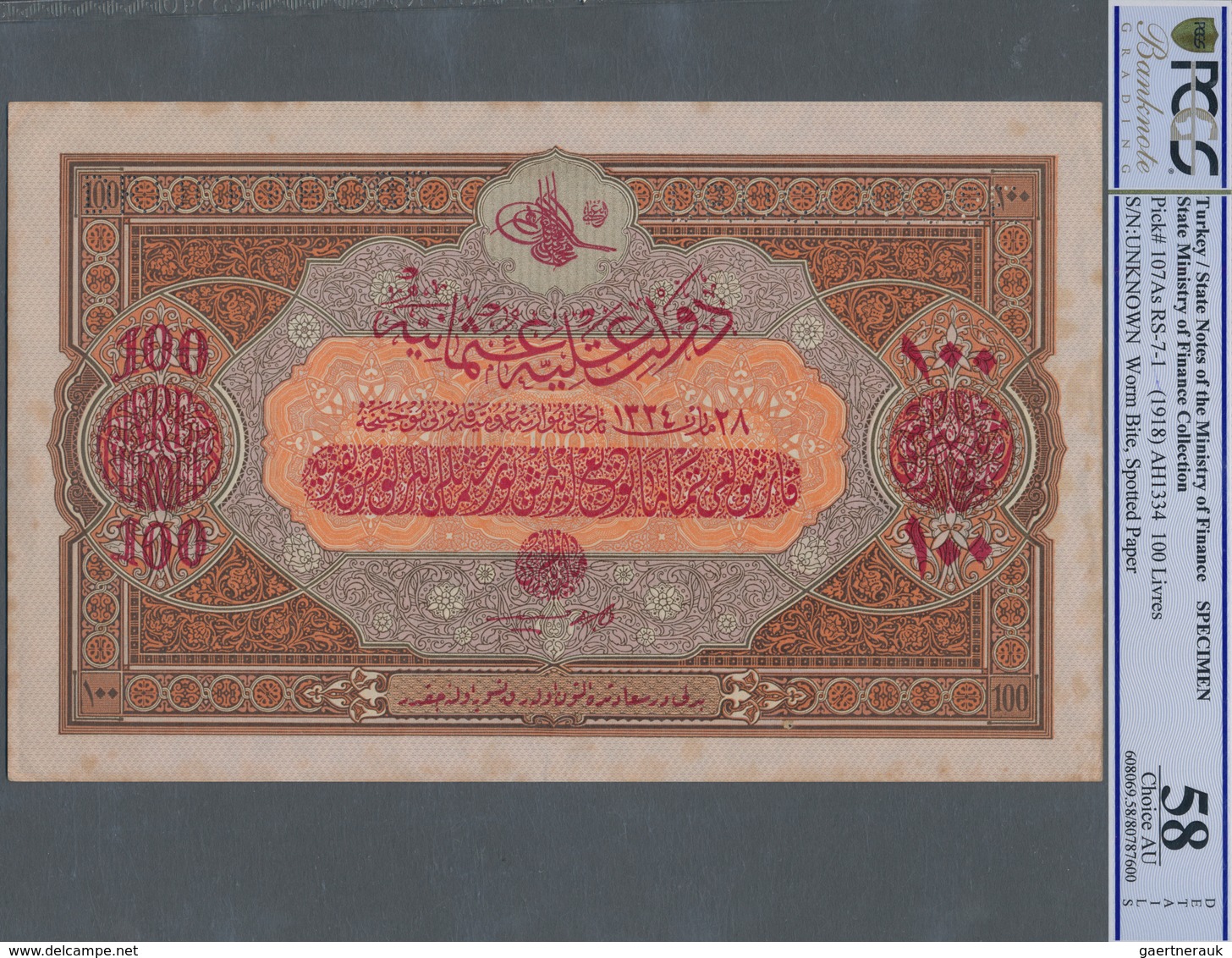 Turkey / Türkei: Rare Specimen Banknote Of 100 Livres ND(1918) AH1332, RS-7-1, With German Specimen - Türkei