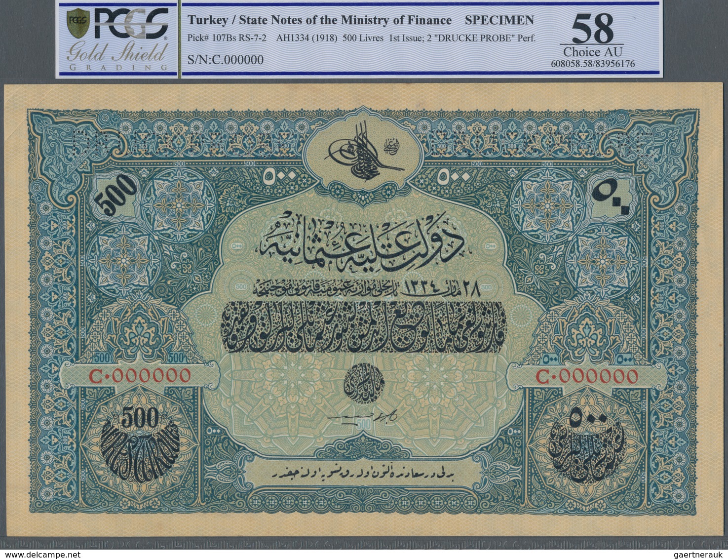 Turkey / Türkei: Rare Specimen Banknote Of 500 Livres ND(1918) AH1334, RS-7-2, With German Specimen - Turkije