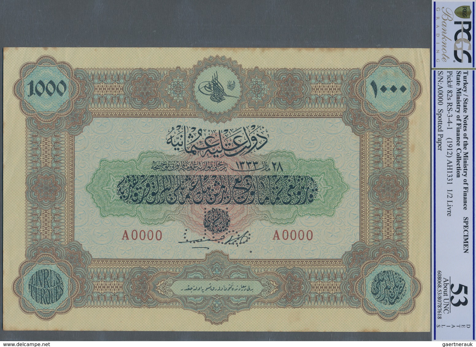 Turkey / Türkei: Rare Specimen Banknote Of 1000 Livres ND(1912) AH1331, P. 107s, RS-6-4, With Arabic - Turquia