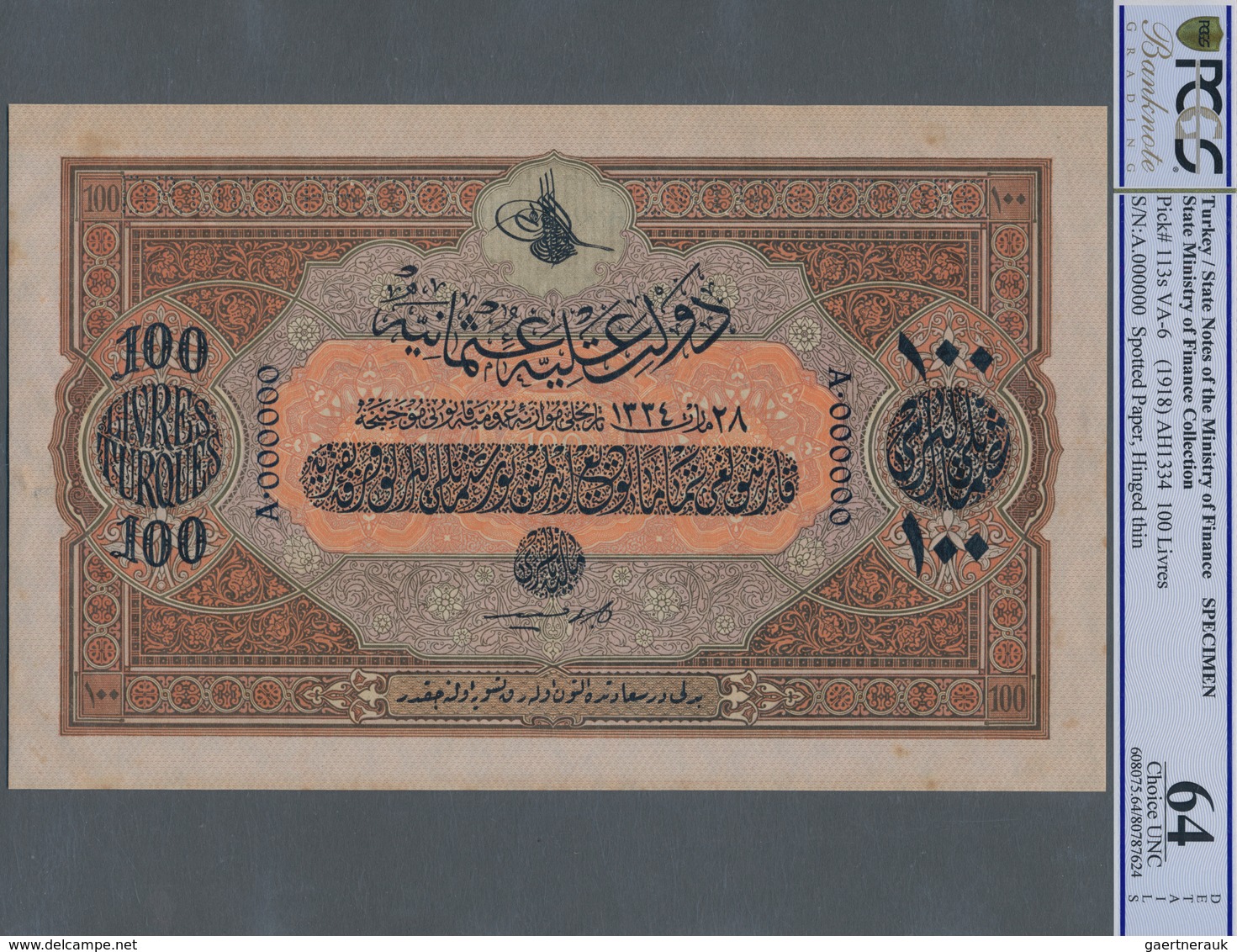 Turkey / Türkei: Rare Specimen Banknote Of 100 Livres ND(1918) AH1334, VA-6, With German Specimen Pe - Turkije