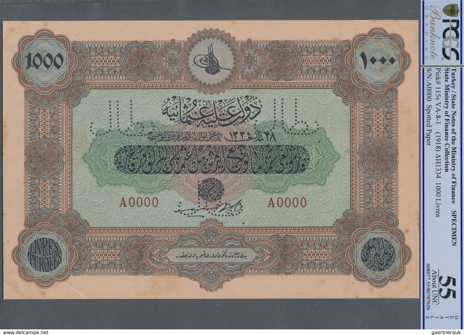 Turkey / Türkei: Rare Specimen Banknote Of 1000 Livres ND(1918) AH1334, VA-8-1, With Arabic Specimen - Turkey