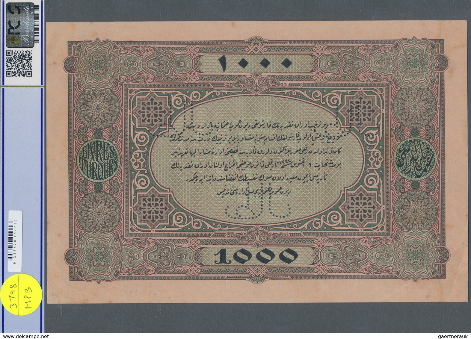 Turkey / Türkei: Rare Specimen Banknote Of 1000 Livres ND(1918) AH1334, VA-8-1, With Arabic Specimen - Turkije