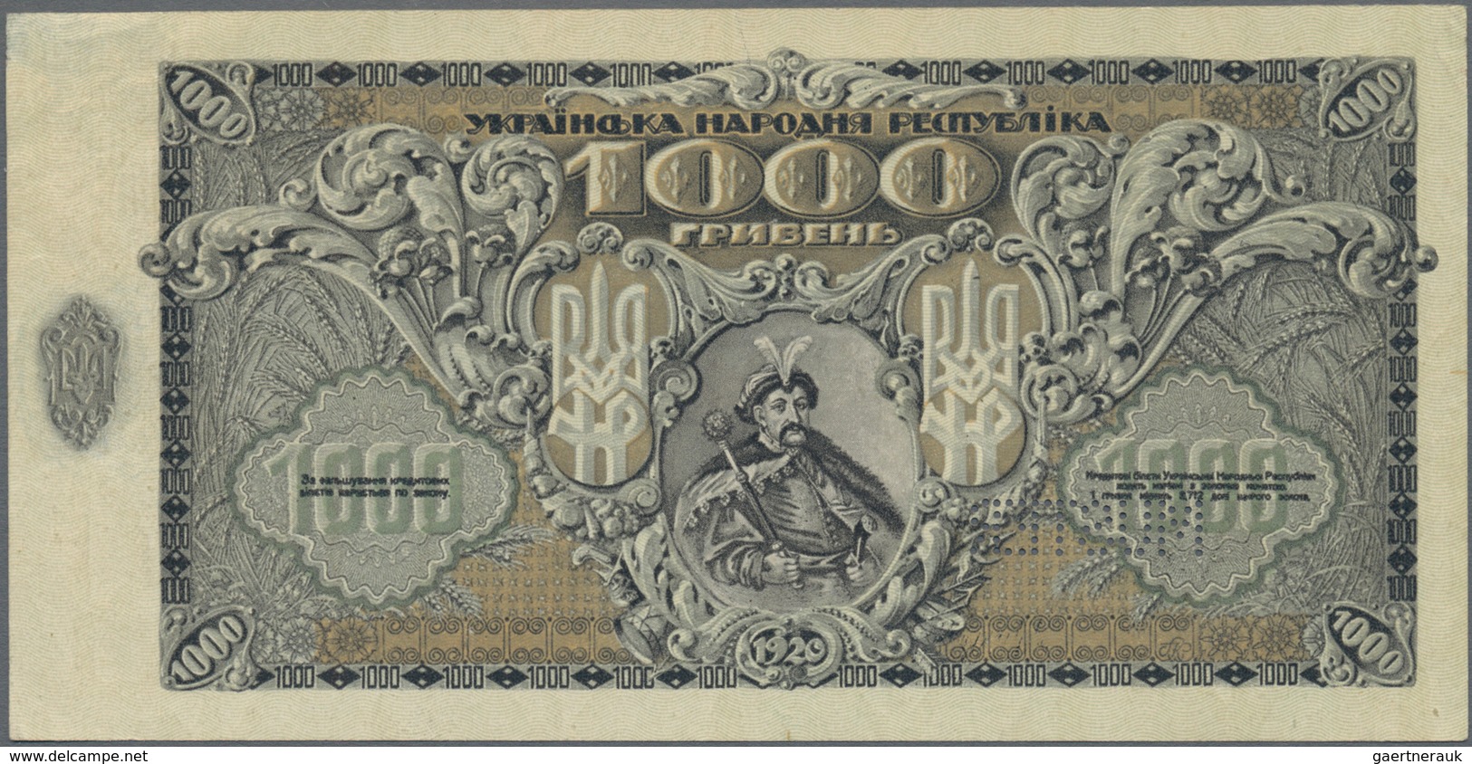 Ukraina / Ukraine: 1000 Hriven 1920 P. 28, Extraordinary Rare Unissued Banknote, Perforated "MUSTER" - Ucrania