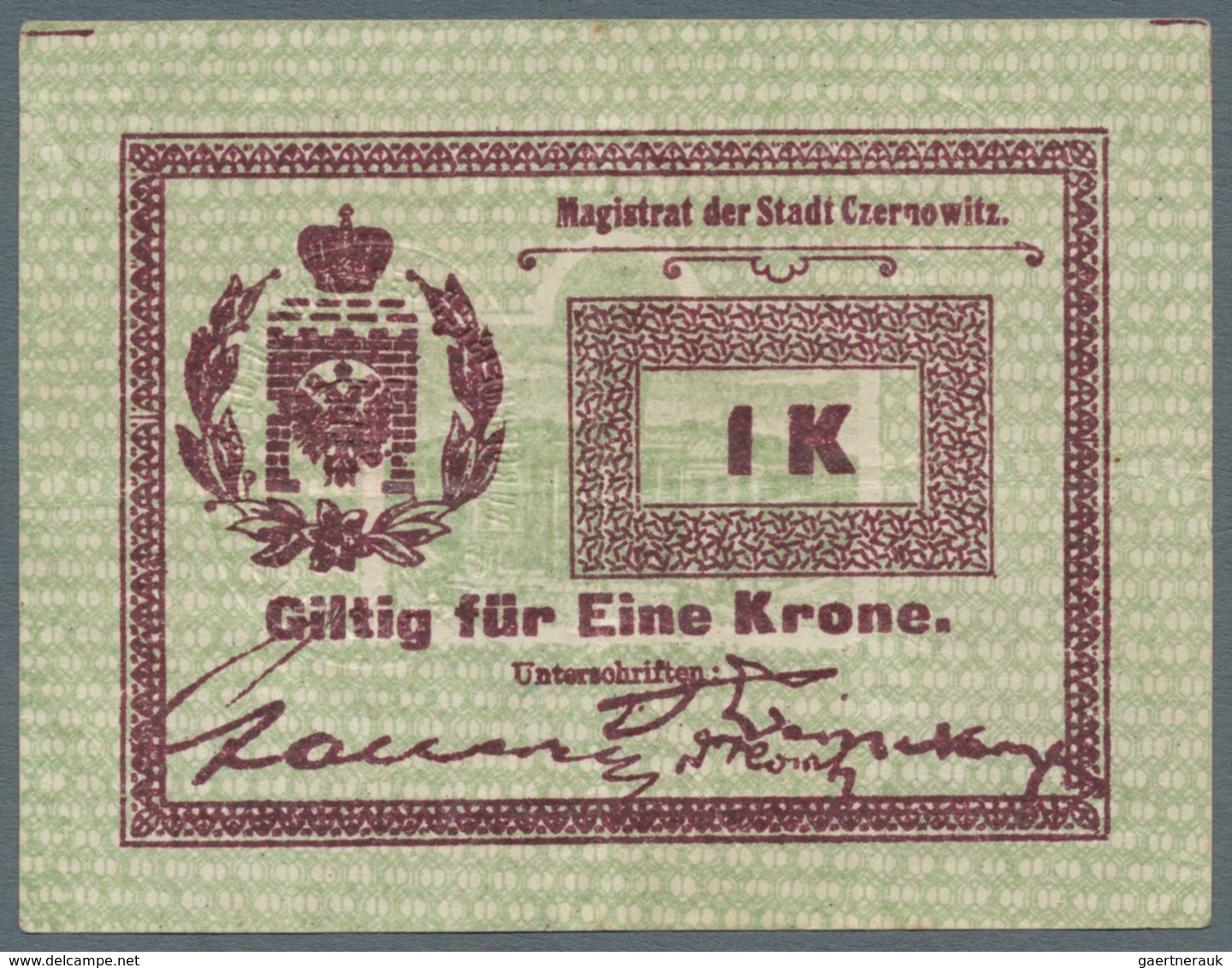 Ukraina / Ukraine: Notgeld "Magistrat Der Stadt Czernowitz" (City Of Czernowitz) 1 Krone ND(1914), P - Oekraïne