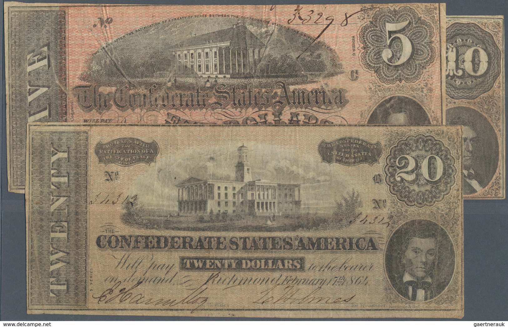 United States Of America - Confederate States: Nice Set With 3 Banknotes 5, 10 And 20 Dollars Februa - Confederate (1861-1864)