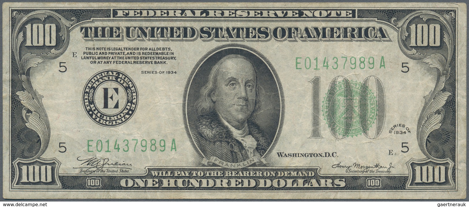 United States Of America: 100 Dollars 1934 "Richmond" P. 433 In Used Condition With Several Folds An - Andere & Zonder Classificatie