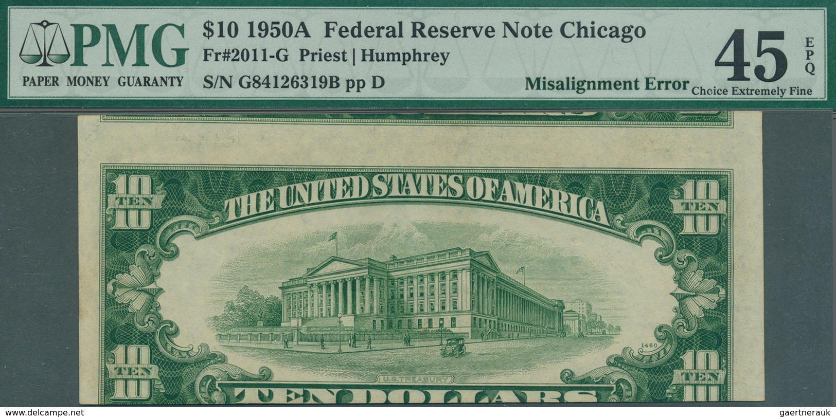 United States Of America: 10 Dollars 1950A Fr#2011-G, Misalignment ERROR On Back, Front Side Correct - Andere & Zonder Classificatie