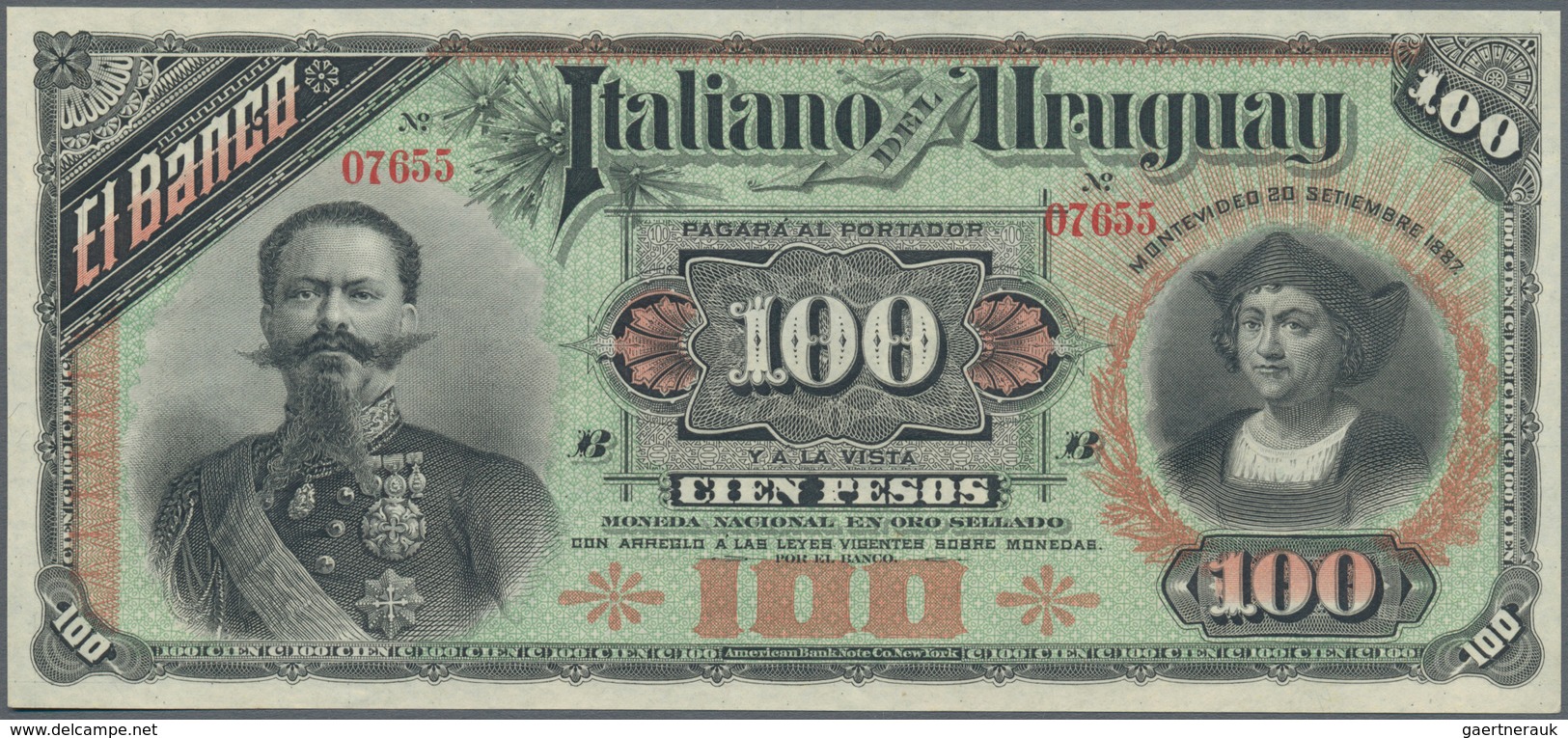 Uruguay: El Banco Italiano Del Uruguay 100 Pesos 1887 Remainder W/o Signatures But With S/N P. S215, - Uruguay