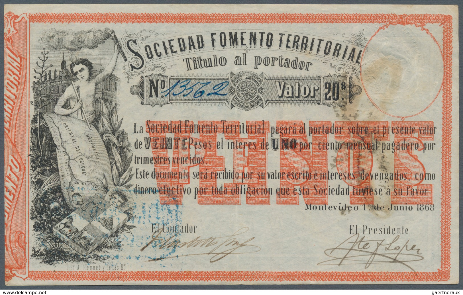 Uruguay: Sociedad Fomento Territorial 20 Pesos 1868, P.S482, Very Nice Condition With A Few Soft Fol - Uruguay