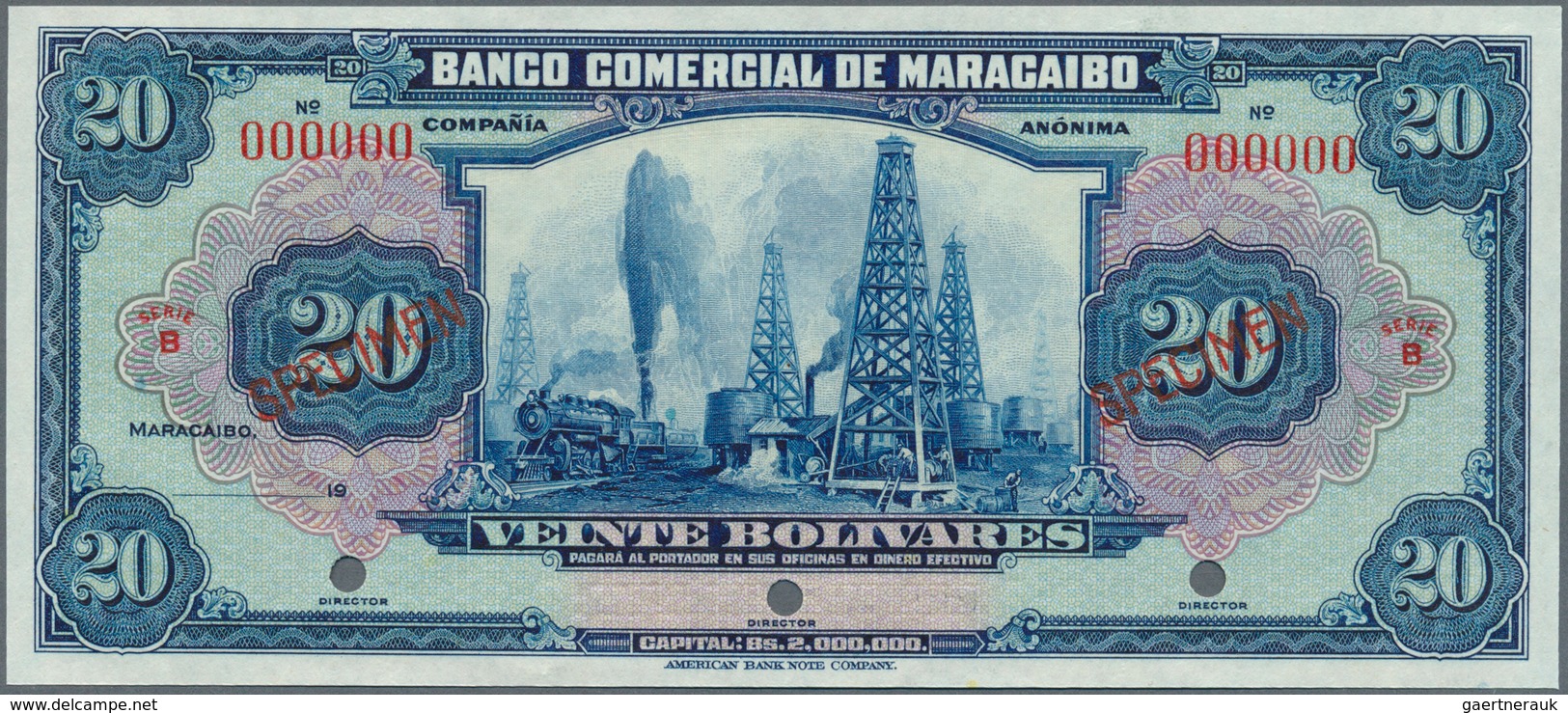 Venezuela: Banco Comercial De Maracaibo 20 Bolivares Specimen Without Signatures And Date (1929), P. - Venezuela