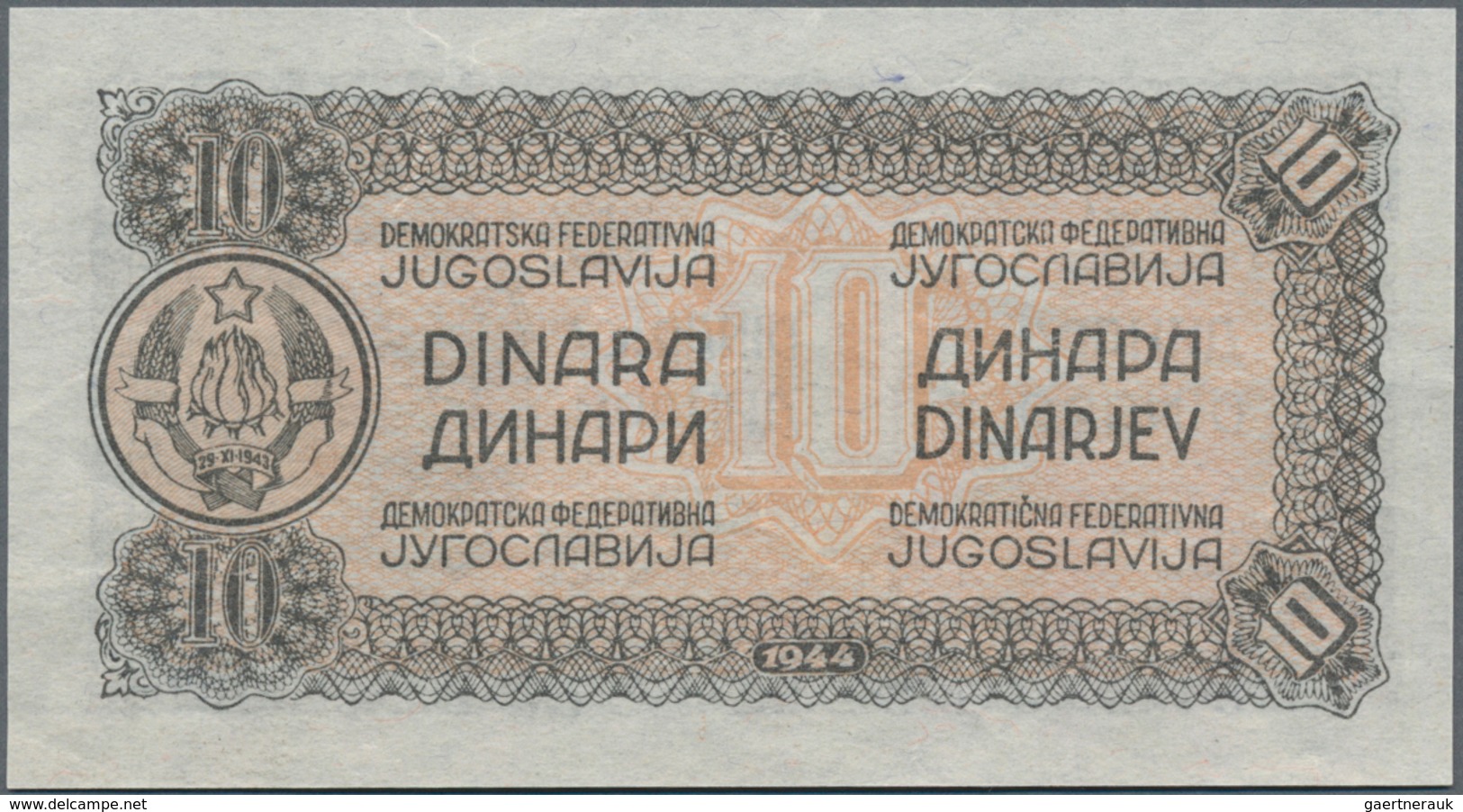 Yugoslavia / Jugoslavien: Nice set with 8 Banknotes of the 1944 "Partisan" issue with 1, 5, 2 x 10,