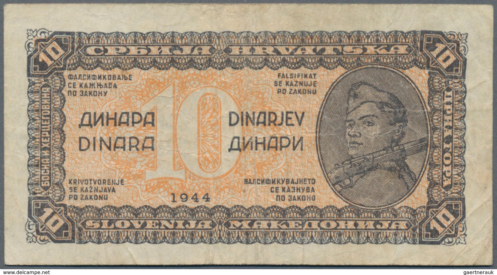 Yugoslavia / Jugoslavien: Nice set with 8 Banknotes of the 1944 "Partisan" issue with 1, 5, 2 x 10,