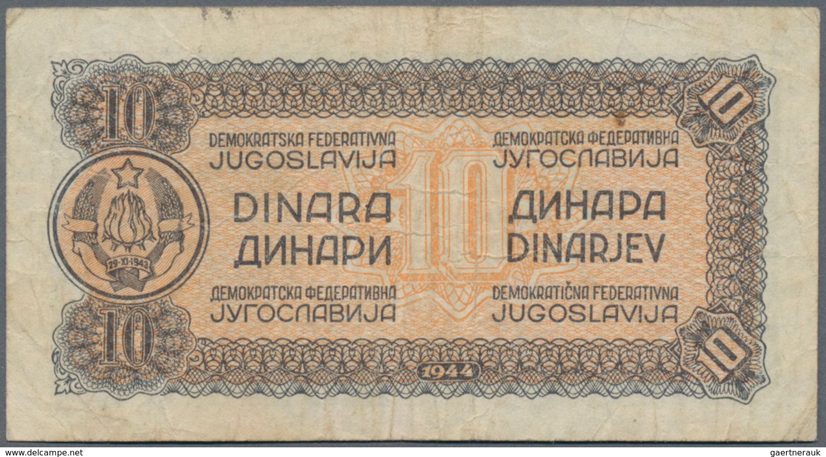 Yugoslavia / Jugoslavien: Nice set with 8 Banknotes of the 1944 "Partisan" issue with 1, 5, 2 x 10,