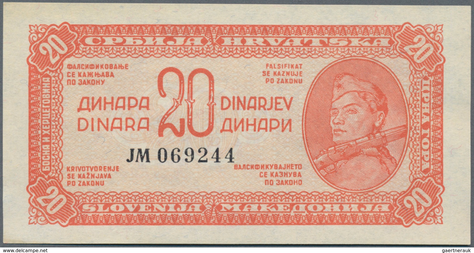 Yugoslavia / Jugoslavien: Nice set with 8 Banknotes of the 1944 "Partisan" issue with 1, 5, 2 x 10,