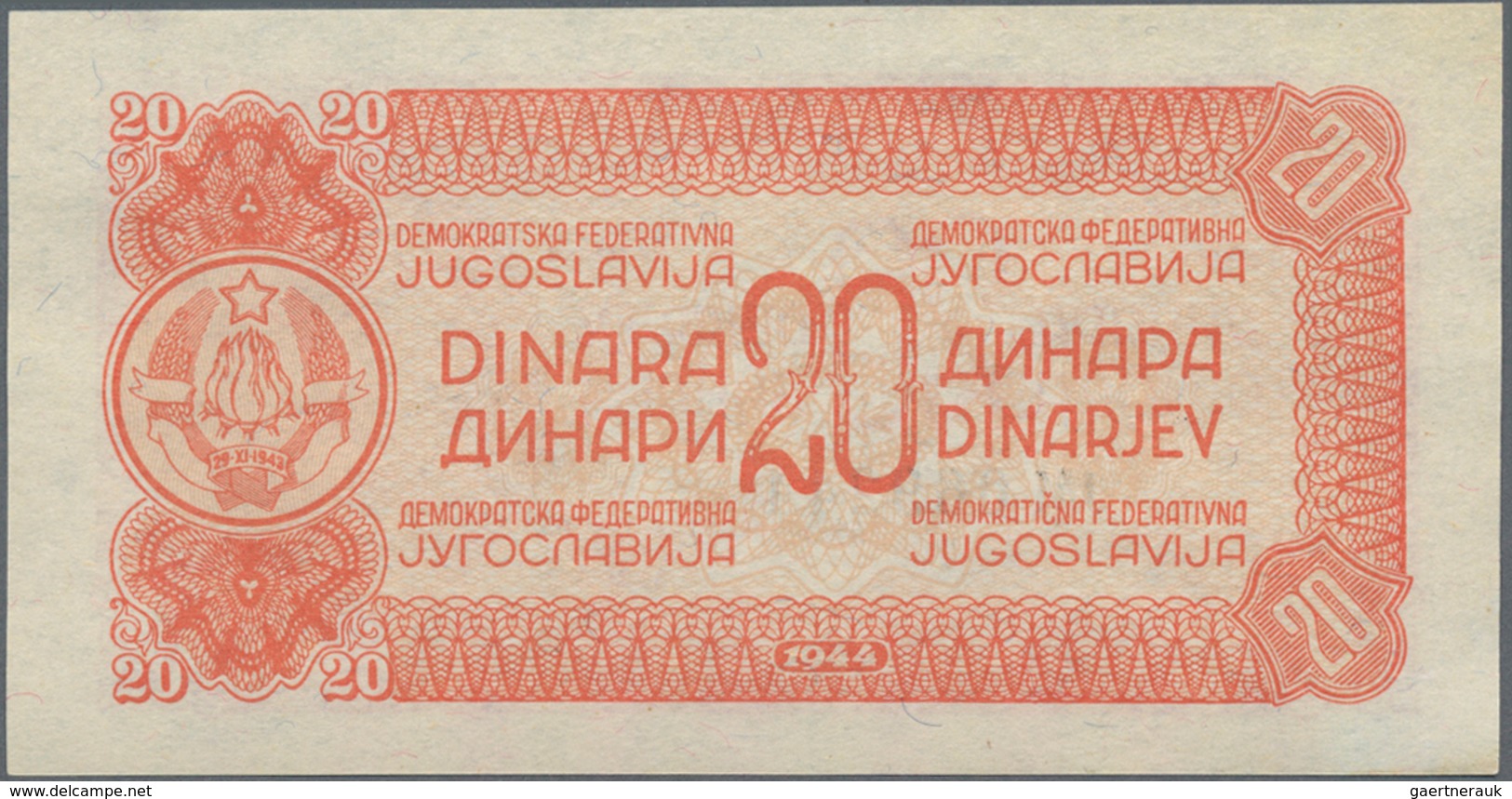 Yugoslavia / Jugoslavien: Nice set with 8 Banknotes of the 1944 "Partisan" issue with 1, 5, 2 x 10,