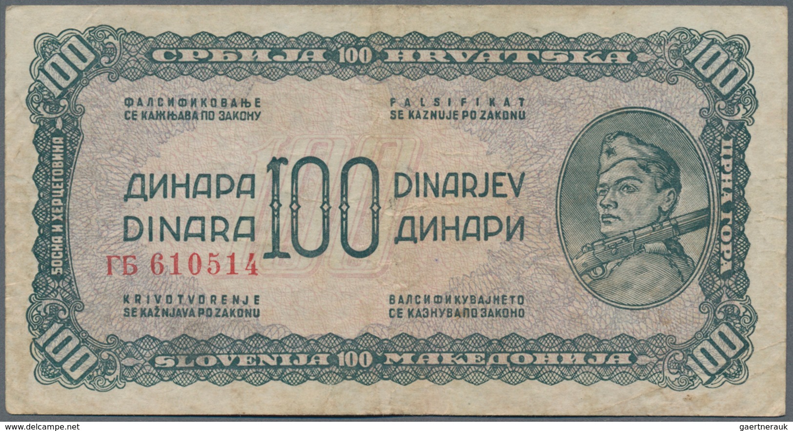 Yugoslavia / Jugoslavien: Nice set with 8 Banknotes of the 1944 "Partisan" issue with 1, 5, 2 x 10,