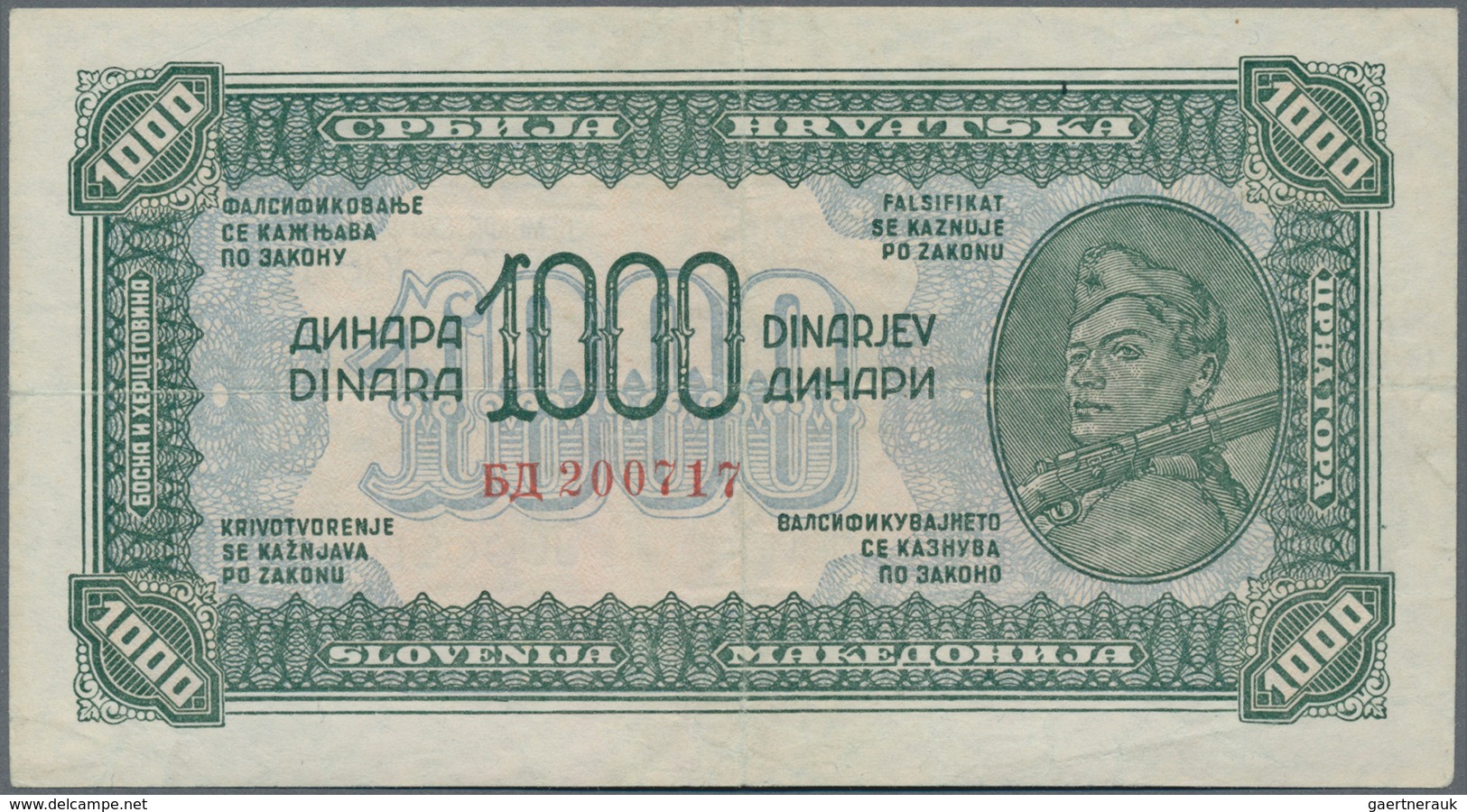 Yugoslavia / Jugoslavien: Nice set with 8 Banknotes of the 1944 "Partisan" issue with 1, 5, 2 x 10,