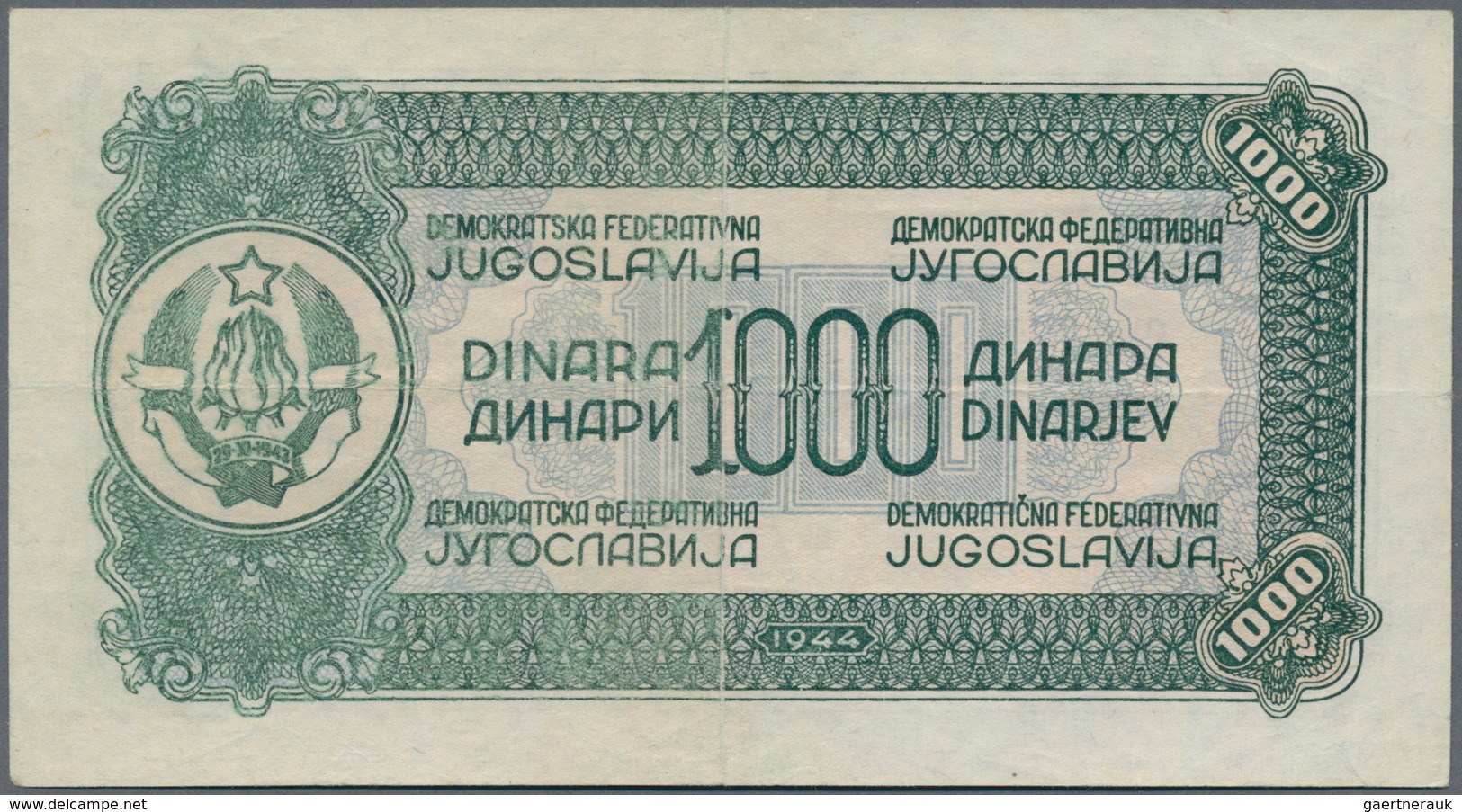 Yugoslavia / Jugoslavien: Nice set with 8 Banknotes of the 1944 "Partisan" issue with 1, 5, 2 x 10,