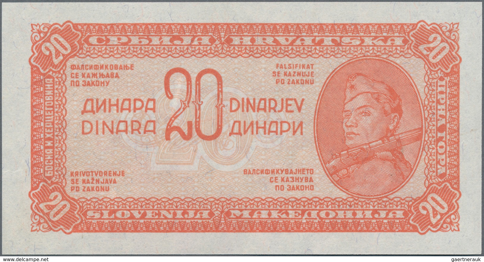 Yugoslavia / Jugoslavien: 20 Dinara 1944 Proof Without Serial Number, P.51p, Almost Perfect Conditio - Yugoslavia