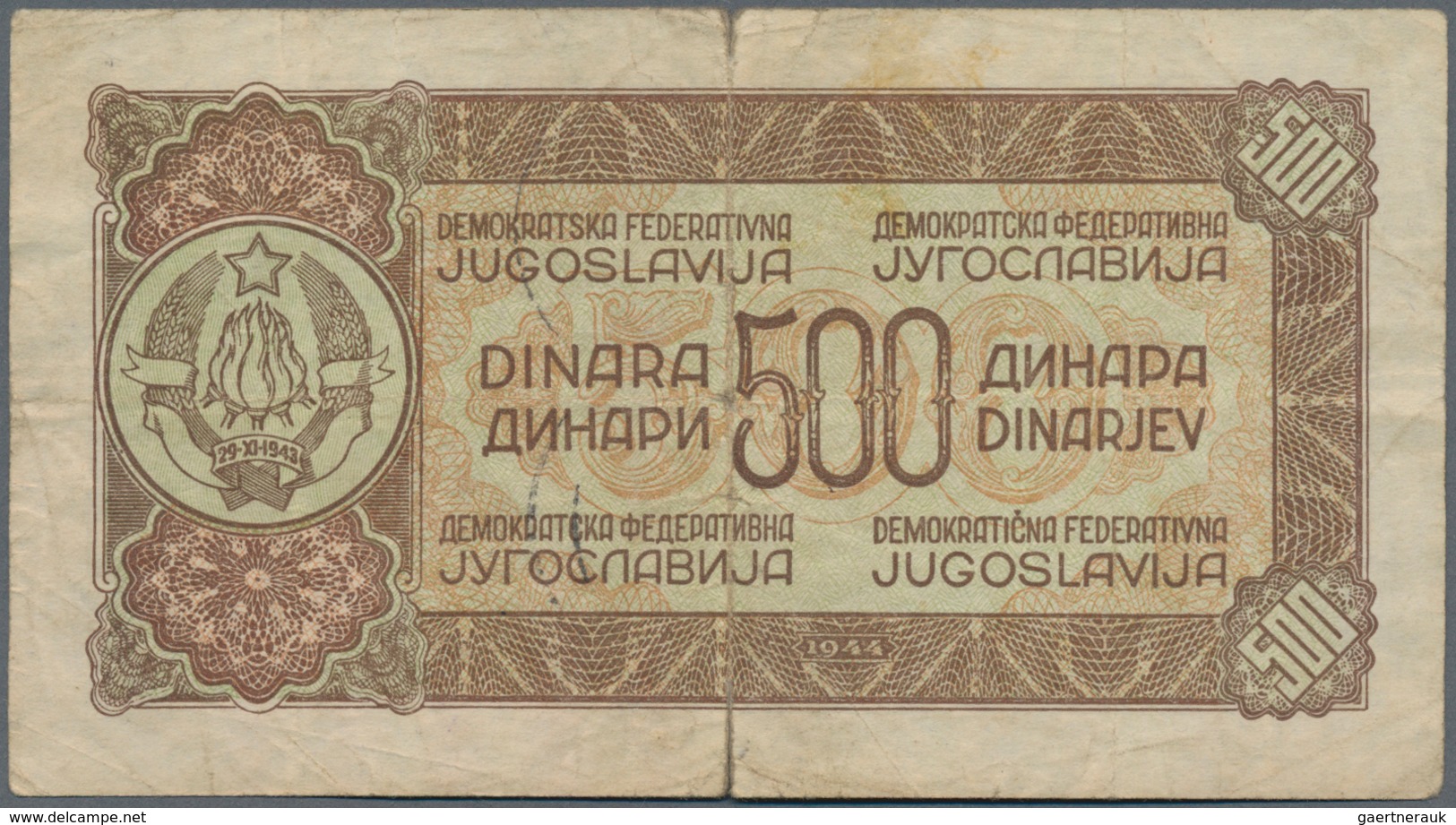 Yugoslavia / Jugoslavien: 500 Dinara 1944 "Partisan" Issue, P.54b, Highly Rare Note In Still Good Co - Jugoslawien