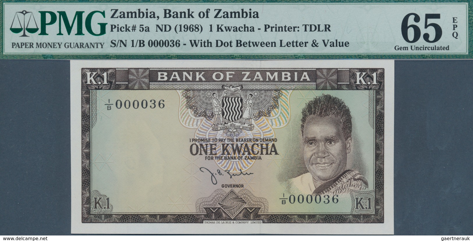 Zambia / Sambia: 1 Kwacha ND(1968) P. 5a With Low Serial Number #000036, Condition: PMG Graded 65 Ge - Sambia