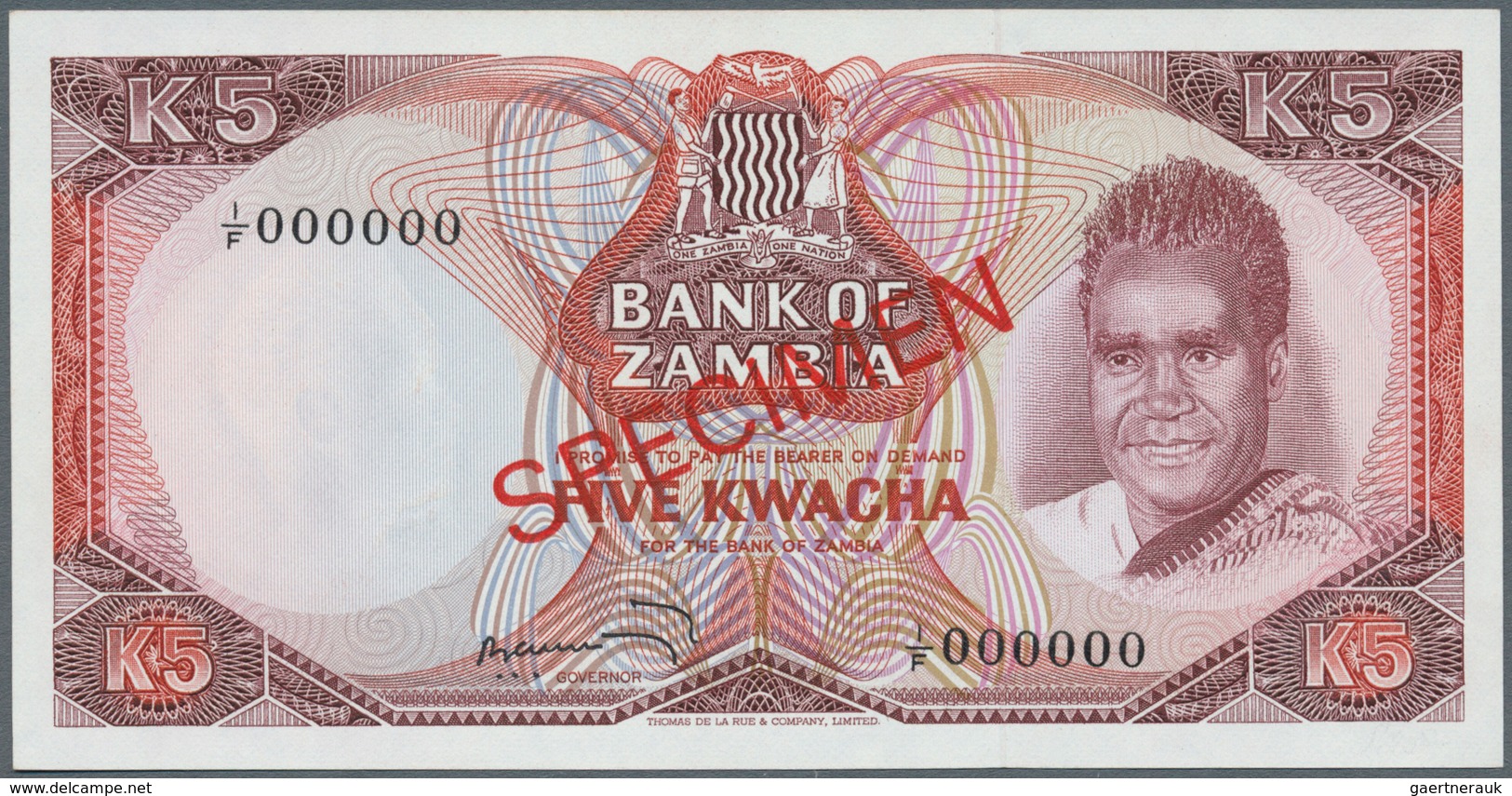 Zambia / Sambia: 5 Kwacha ND(1973) SPECIMEN, P.15s In Perfect UNC Condition - Zambia