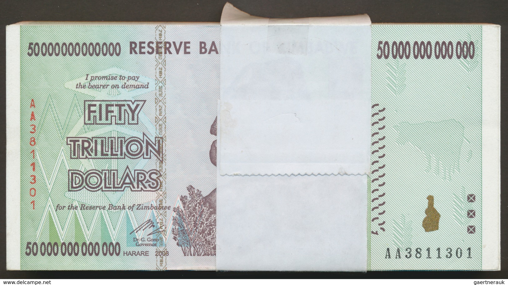 Zimbabwe: Bundle Of 100 Pcs. Consecutive Banknotes 50 Trillion Dollars 2008, P.90 In AUNC/UNC Condit - Simbabwe