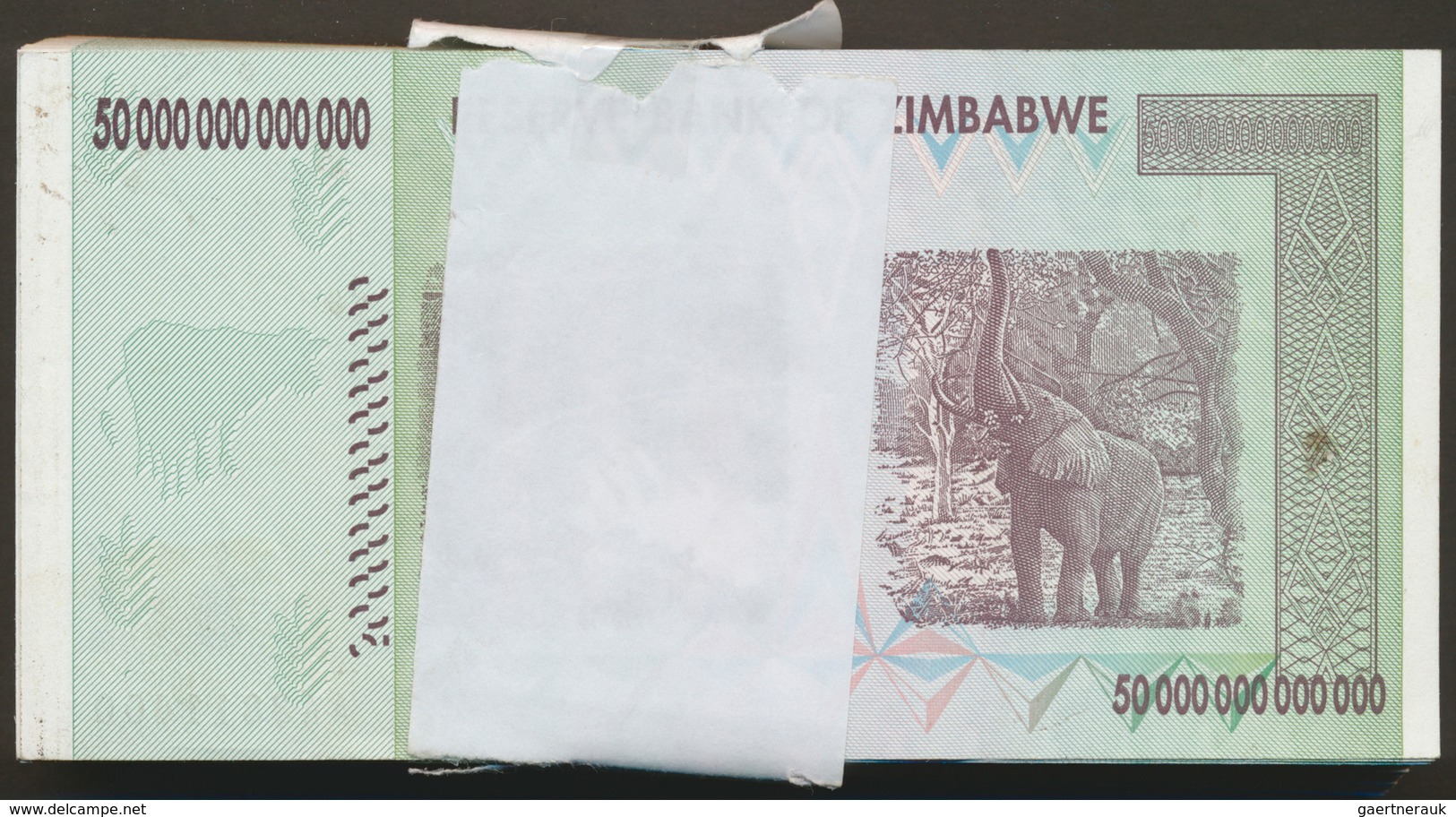 Zimbabwe: Bundle Of 100 Pcs. Consecutive Banknotes 50 Trillion Dollars 2008, P.90 In AUNC/UNC Condit - Simbabwe