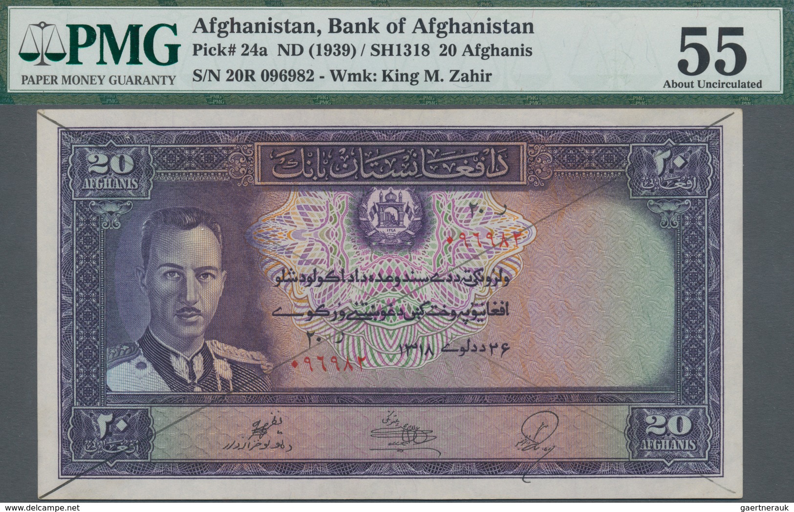 Afghanistan: 20 Afghanis ND(1939) P. 24a, Rare Banknote, Issued With Serial Number, With Bank Cancel - Afghanistan