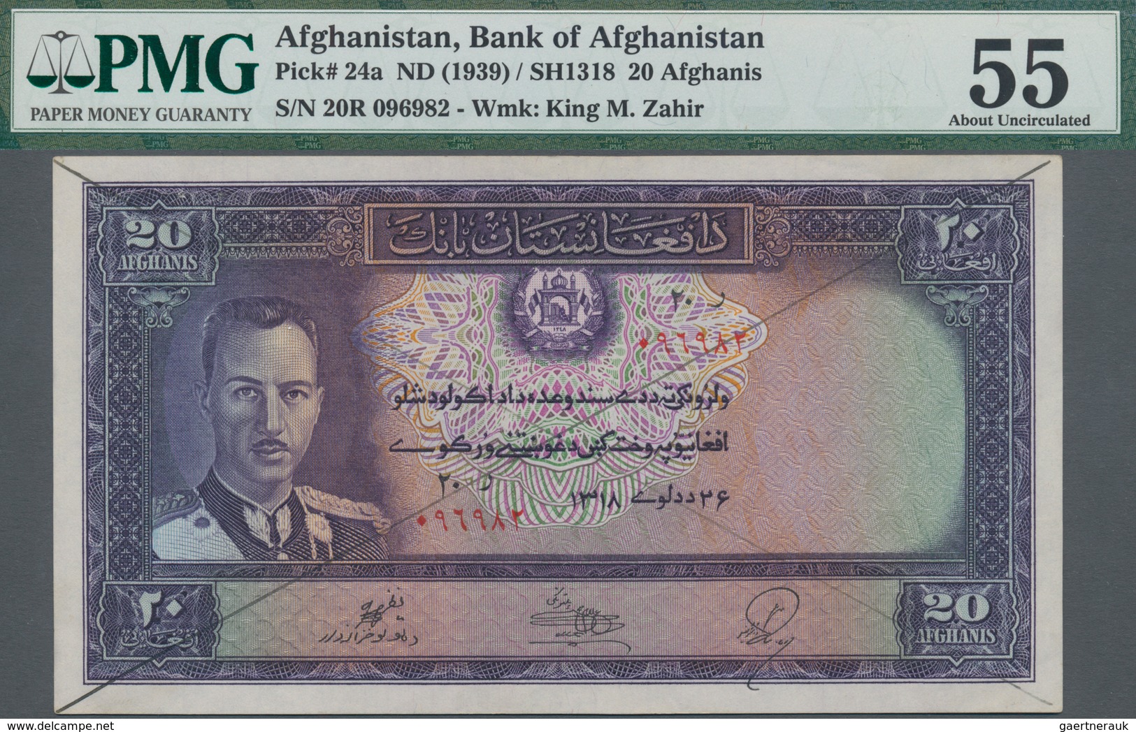 Afghanistan: 20 Afghanis ND(1939) P. 24a, Rare Banknote, Issued With Serial Number, With Bank Cancel - Afghanistán