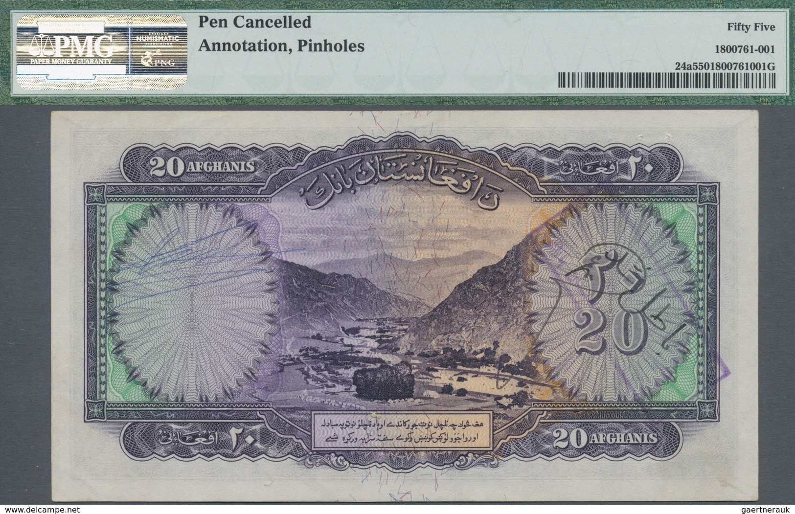 Afghanistan: 20 Afghanis ND(1939) P. 24a, Rare Banknote, Issued With Serial Number, With Bank Cancel - Afghanistán