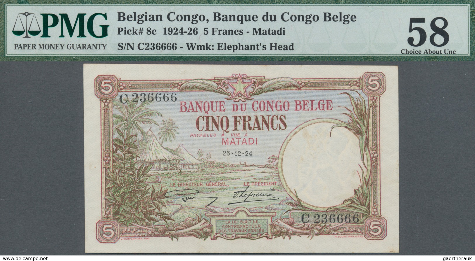 Belgian Congo / Belgisch Kongo: 5 Francs December 26th 1924, Place Of Issue: Matadi, P.8c, PMG Grade - Ohne Zuordnung