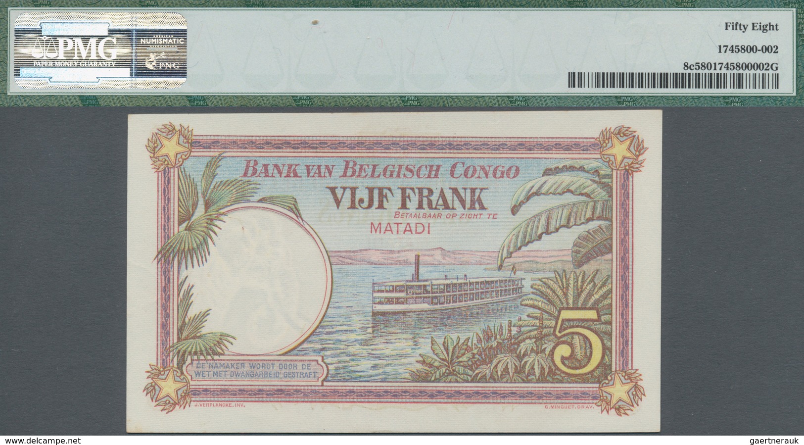 Belgian Congo / Belgisch Kongo: 5 Francs December 26th 1924, Place Of Issue: Matadi, P.8c, PMG Grade - Zonder Classificatie